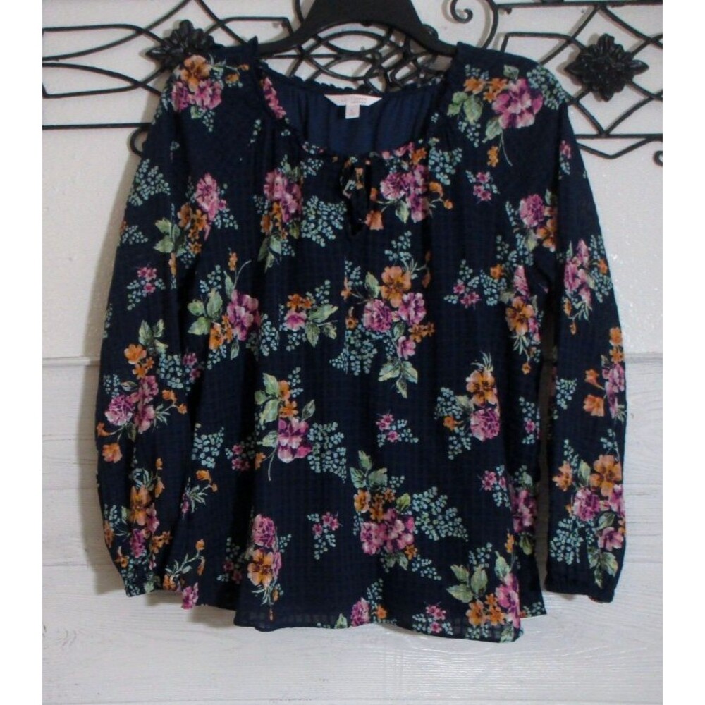 LC Lauren Conrad Top Women's Size L Blue Floral Long Sleeve Round Neck